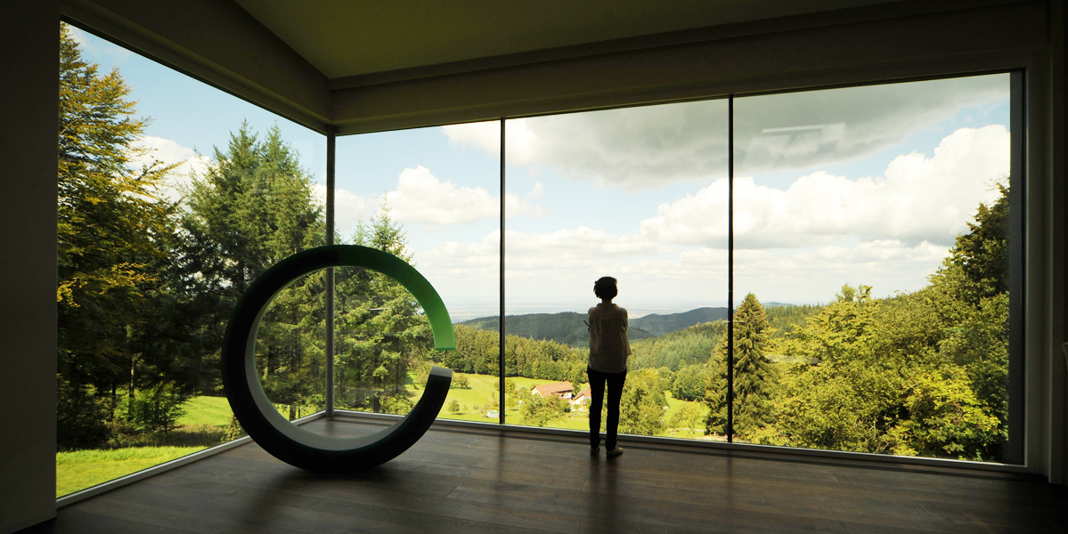 Innenansichten des Gebäudes - das große Wohnzimmer mit Platz für Kunst, und einem wunderbaren Ausblick in das Rheintal.