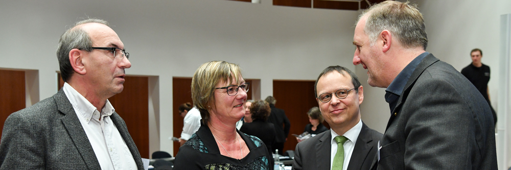 Edith Sitzmann MdL (Bündnis 90/Die Grünen) im Gespräch mit Rolf Sutter, Hans Dieterle und Markus Müller