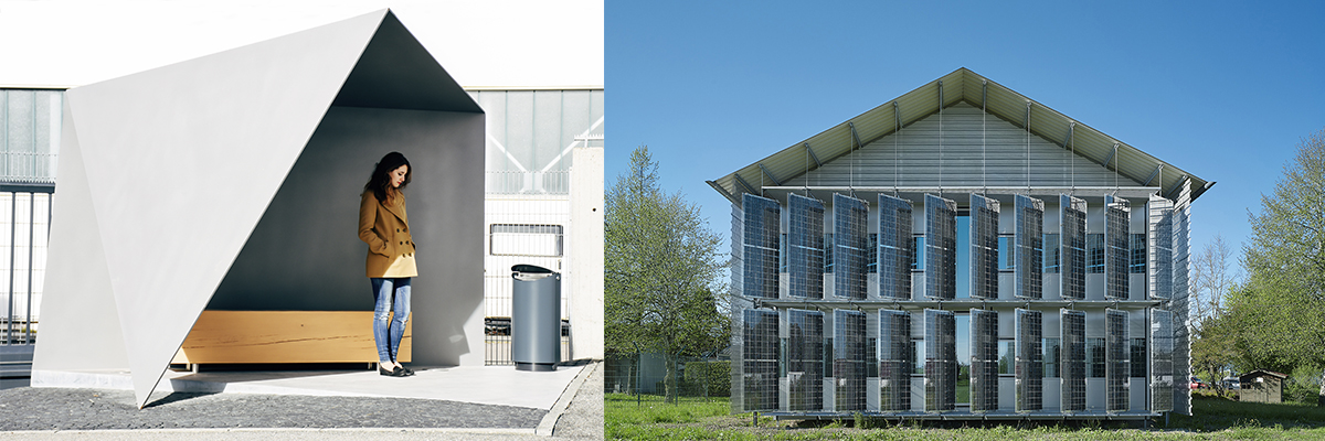 Links: Pausendach Euronics, Tuttlingen; Muffler Architekten Freie Architekten BDA/DWB, Tuttlingen; Tragwerk: Breinlinger Ingenieure Hoch- und Tiefbau GmbH, Tuttlingen; Foto: Rubens CalbucoyRechts: Verkehrskommissariat Kißlegg; brixner architekten, Stuttgart; Tragwerksplanung: Wilhelm + Partner, Stuttgart; Foto: Achim Birnbaum