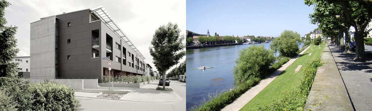 li: Wohnanlage Lörrach, Architekt Detlef Würkert, Lörrach, Foto: Münchhalfen; re: Nördl. Neckarufer Heidelberg, Bauer. Landschaftsarchitekten, Karlsruhe