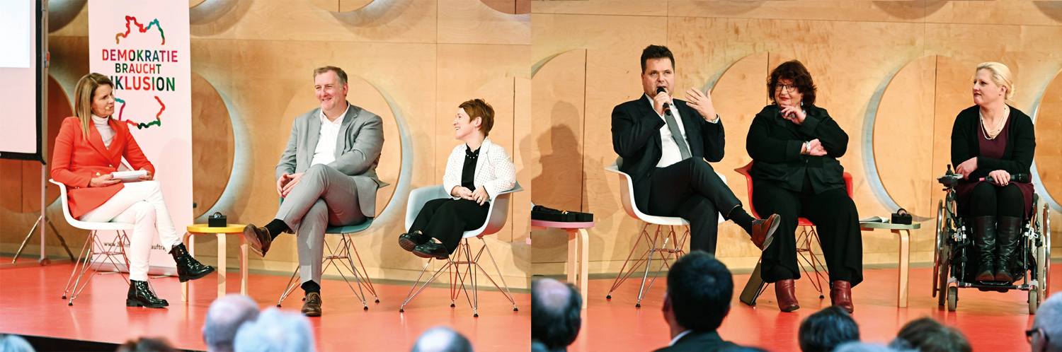 Beim Eröffungstalk (v.l.) Moderatorin Katrin Müller-Hohenstein, ZDF; Markus Müller, Präsident der Architektenkammer Baden-Württemberg; Simone Fischer, Beauftragte für die Belange von Menschen mit Behinderungen der Landeshauptstadt Stuttgart; Jürgen Dusel, Beauftragter der Bundesregierung für die Belange von Menschen mit Behinderungen; Staatssekretärin Bärbl Mielich, MdL, Ministerium für Soziales und Integration Baden-Württemberg; Stephanie Aeffner, Landes-Behindertenbeauftragte Baden-Württemberg, Fotos: © Felix Kästle