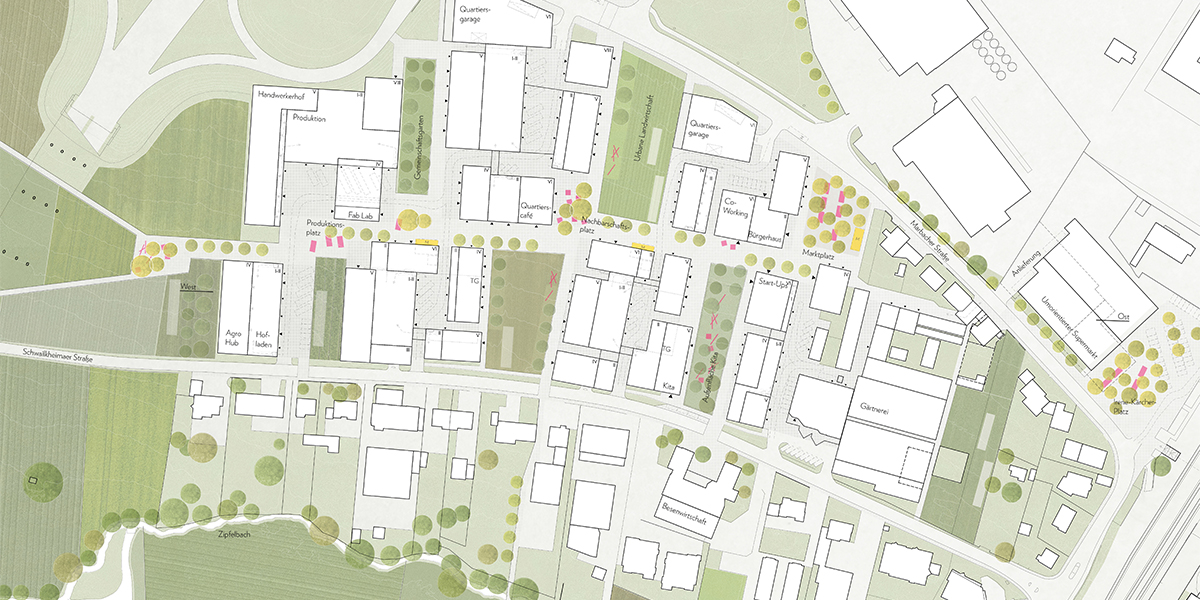 Auf 5,5 Hektar plant die Stadt Winnenden ein dichtes Quartier, in dem Produktion, Gewerbe, öffentliche Infrastruktur und Wohnen wieder zusammenfinden | © JOTT architecture & urbanism GbR