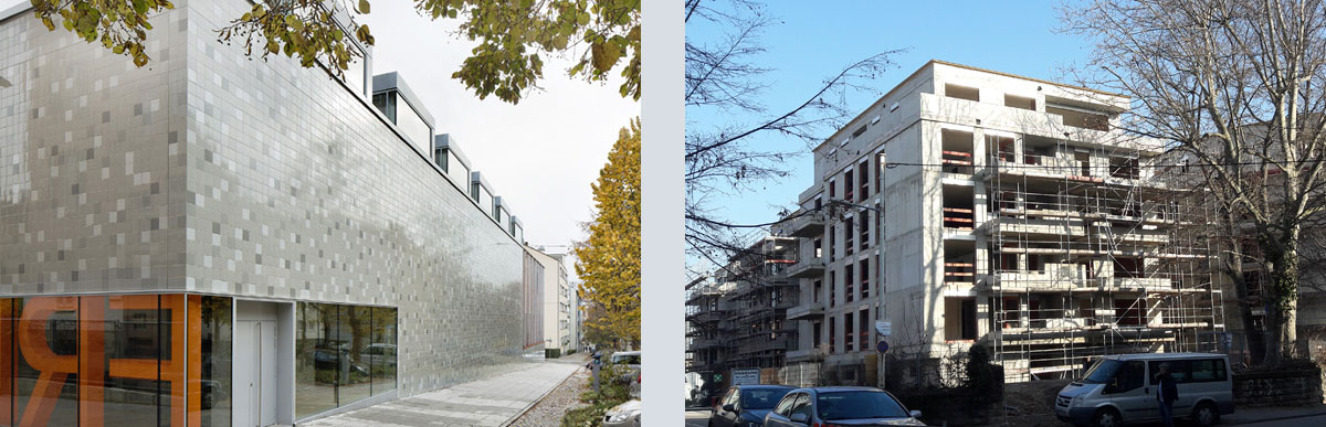 Links: Sporthalle Friedrich Eugens Gymnasium  in der Johannestraße, rechts: Das Rosenberg auf dem ehemaligen AOK Gelände